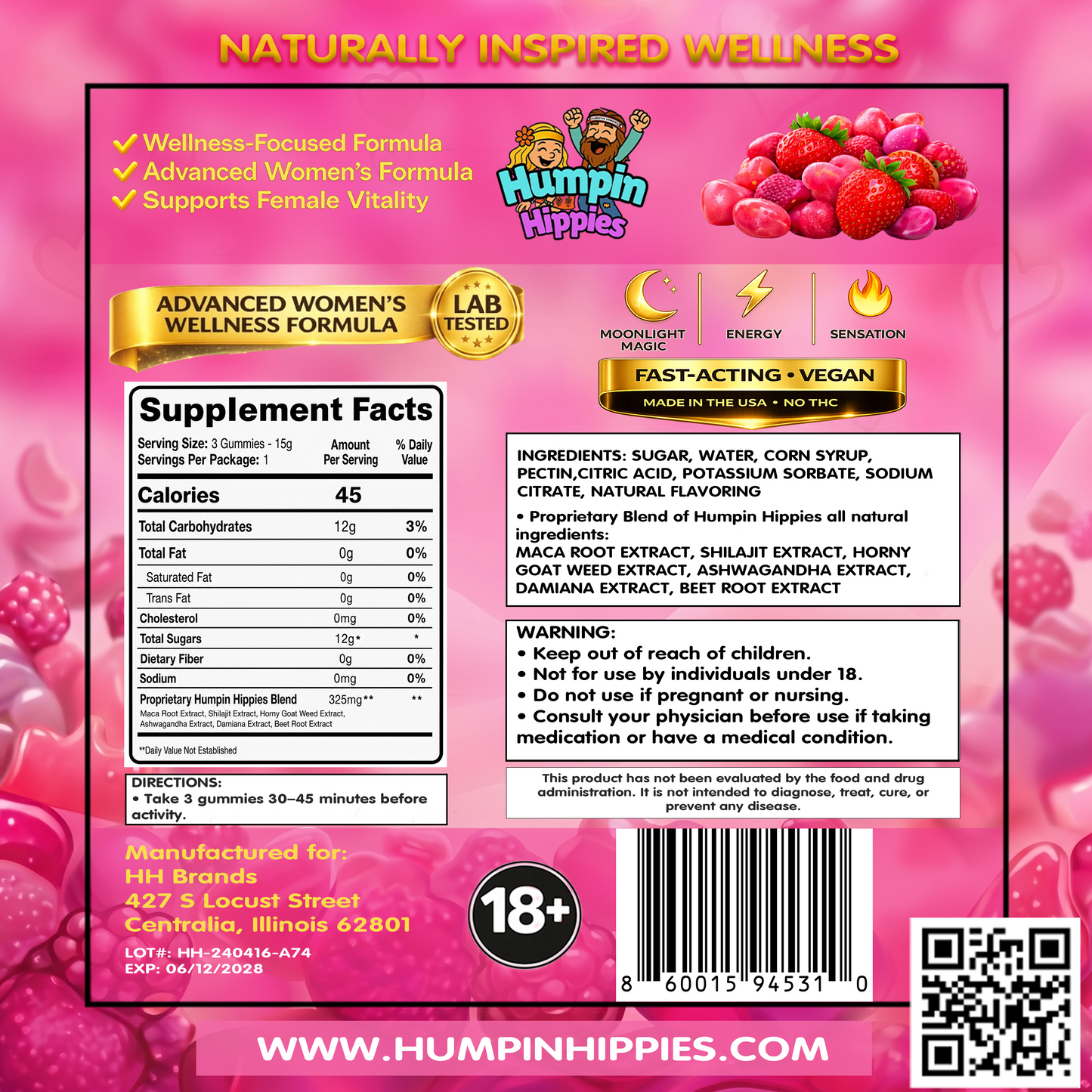 3-Count Refill Pack (Retail Store) - Humpin Hippies Female Enhancement Gummies Strawberry 3-count pouch