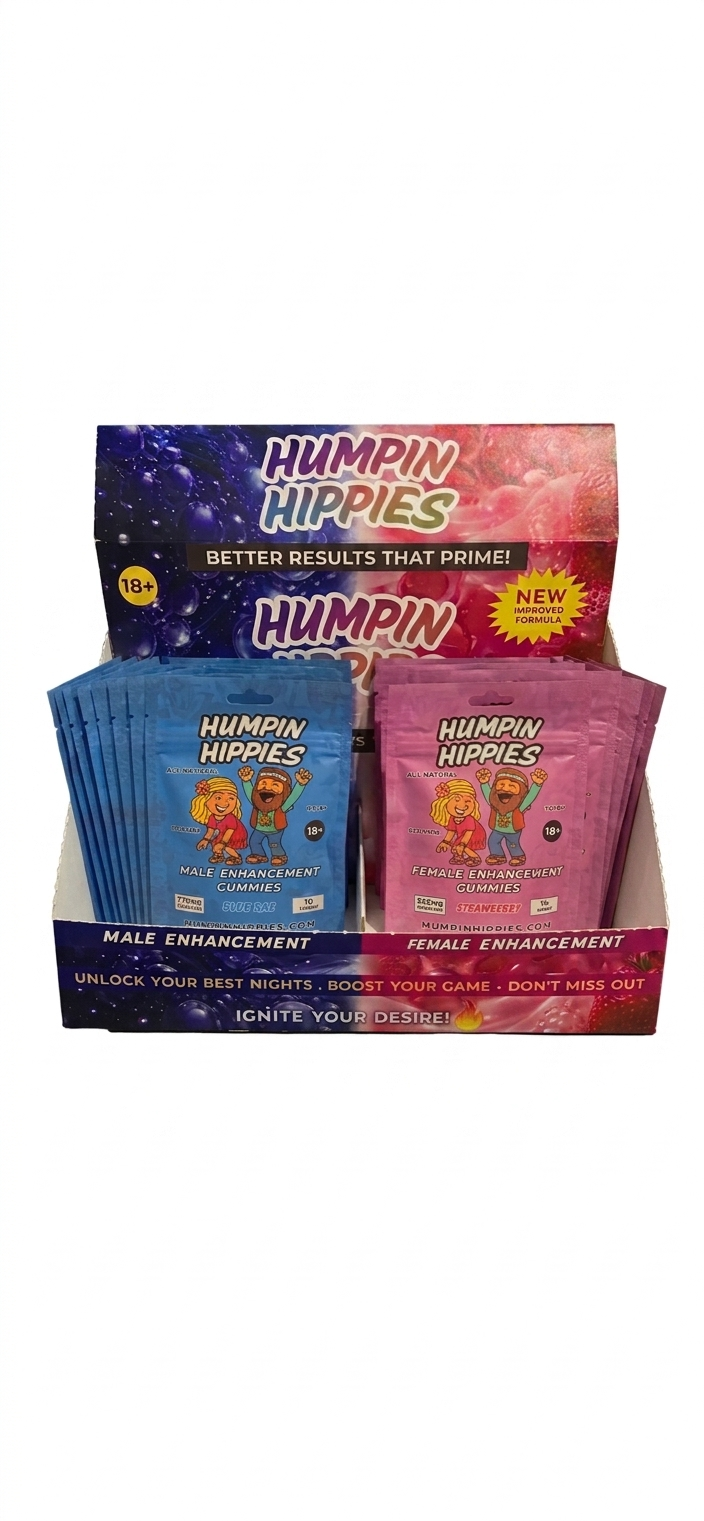 (1-4 Boxes) Humpin Hippies 1 Box of 5 Male Razz 10pcs gummies X 5 Female Strawberry 10pcs/pack gummies (10 packs 4x6 box)