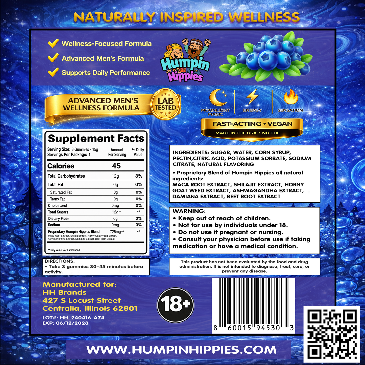 3-Count Refill Pack (Retail Store) - Humpin Hippies Male Enhancement Gummies Blue Razz 3-count pouch