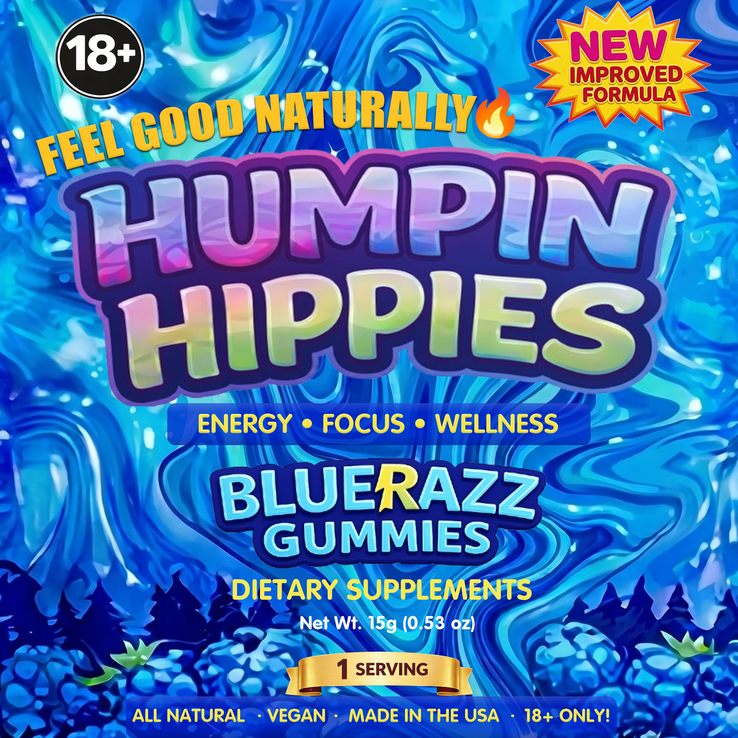 3-Count Refill Pack (Retail Store) - Humpin Hippies Male Enhancement Gummies Blue Razz 3-count pouch
