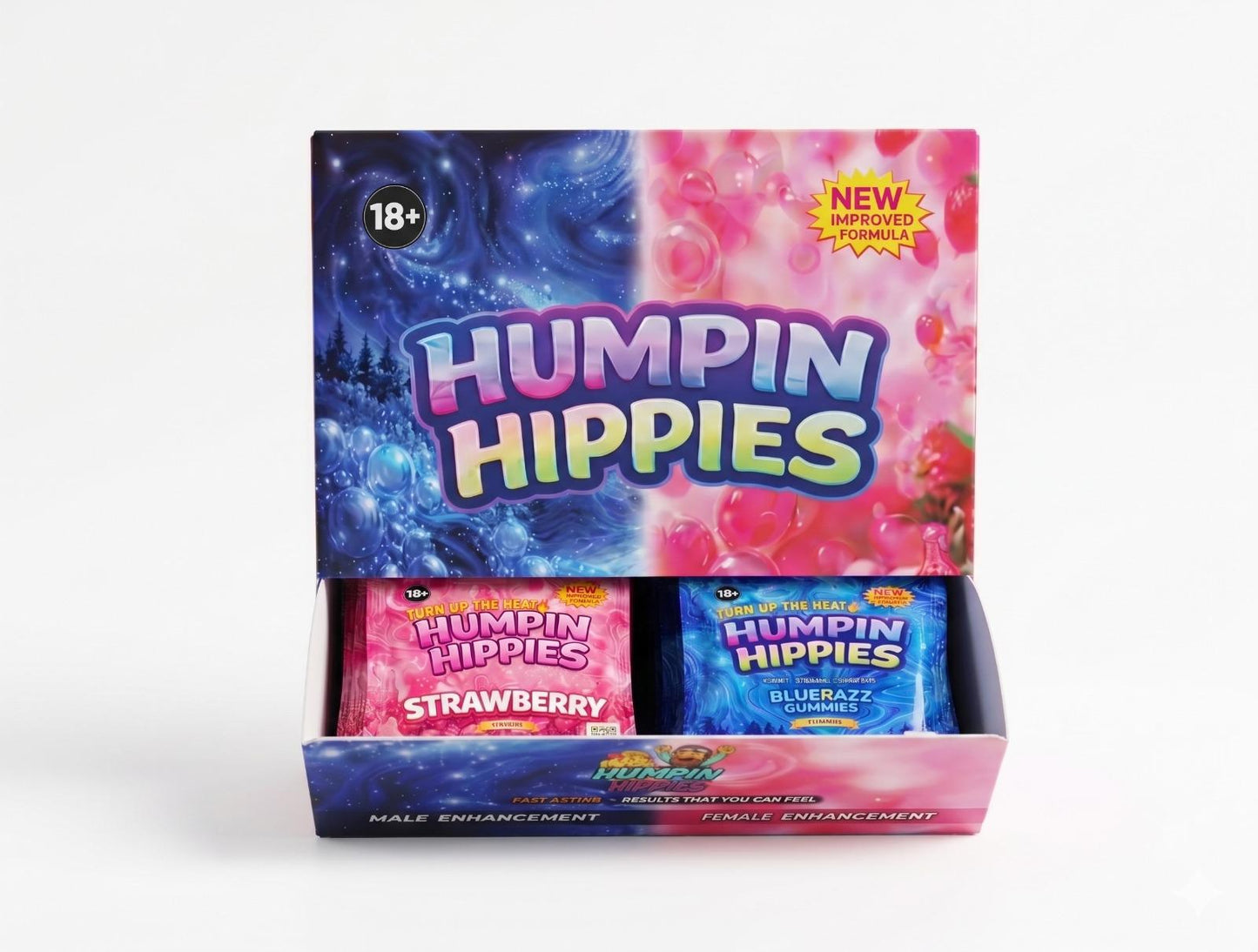 (1-4 Boxes) Humpin Hippies 1 Box of 15 Male Razz 3pcs gummies pack X 15 Female Strawberry 3pcs/pack gummies (30packs 3x3 box)